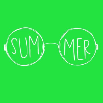 Sunglasses with summer text, hand-drawn line animation, seamless loop, white line art doodle on green screen, chroma key overlay for video editing, playful vacation mood
