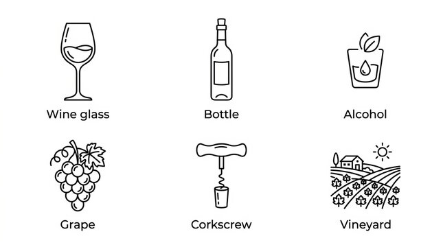Iconic symbols representing wine, grape, and vineyard elements for drinks and lifestyle themes.