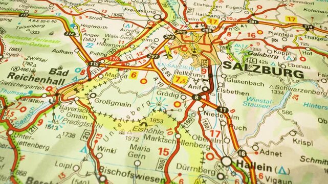 flyover across transportation map towards salzburg, austria