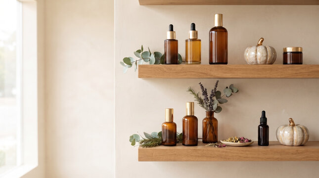 Natural skincare products in amber glass bottles arranged on wooden shelves in bright bathroom