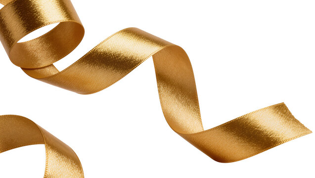 Shiny golden satin ribbon curling elegantly, isolated on transparent background