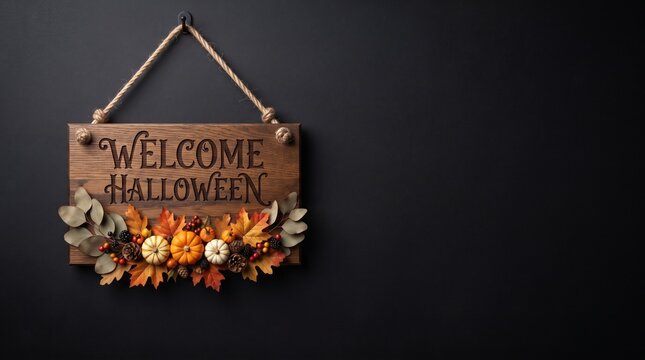 Rustic wooden welcome sign decorated with autumn leaves and pumpkins hanging on black wall