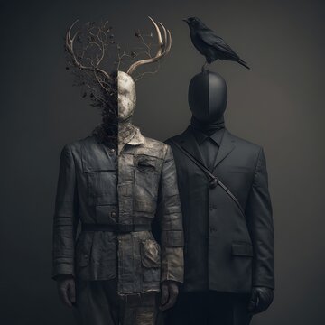 Two surreal figures stand side by side: one half-human, half-tree with antlers, the other faceless in black with a raven perched on its head.