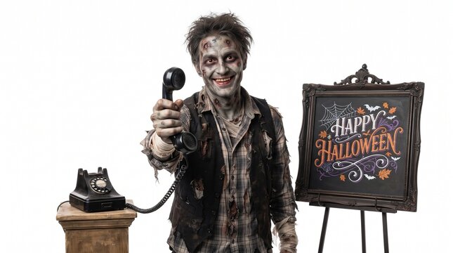 Creepy zombie man holding an old telephone receiver next to a happy halloween sign