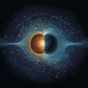 A digital illustration depicting the interaction of two energy fields, one glowing warm and the other cool, connected by swirling streams of particles.