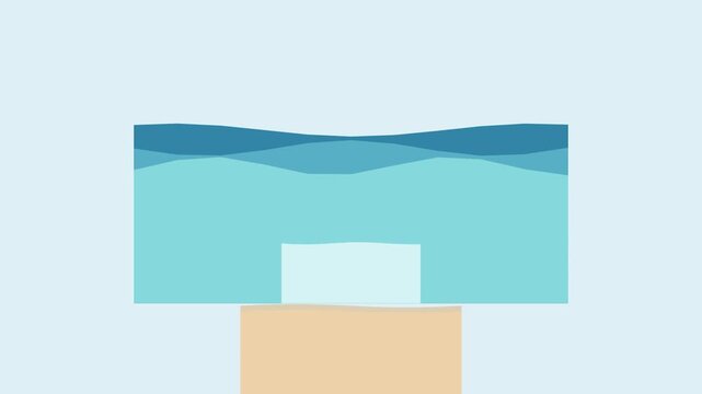 Animated blue ocean waves flowing over sandy beach sections with water