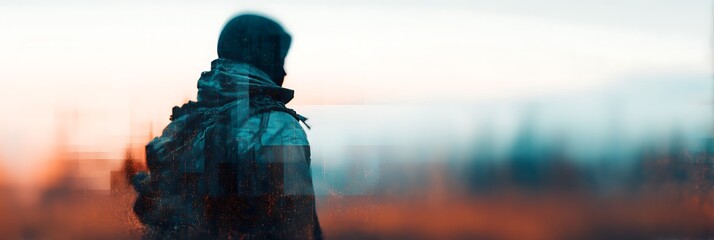 Obraz premium Silhouetted soldier in tactical gear stands in a blurred, muted landscape with a glitch effect and a distant city skyline at sunset.