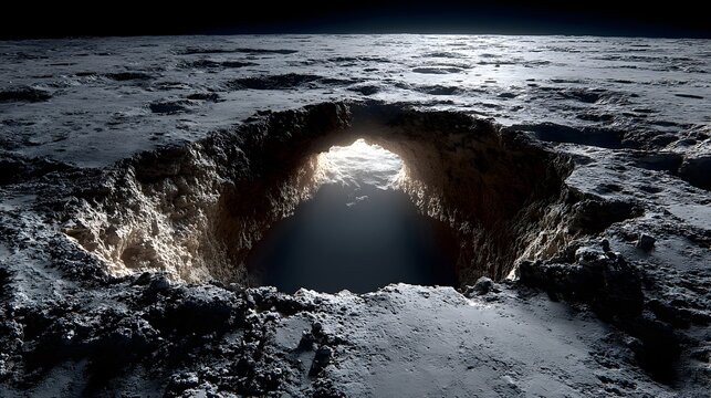Dramatic cavern tunnel opening on the rocky lunar surface glowing under bright cosmic light.