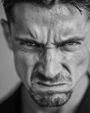 Angry man with intense stare and tense facial expression in black and white close-up portrait under dramatic studio lighting