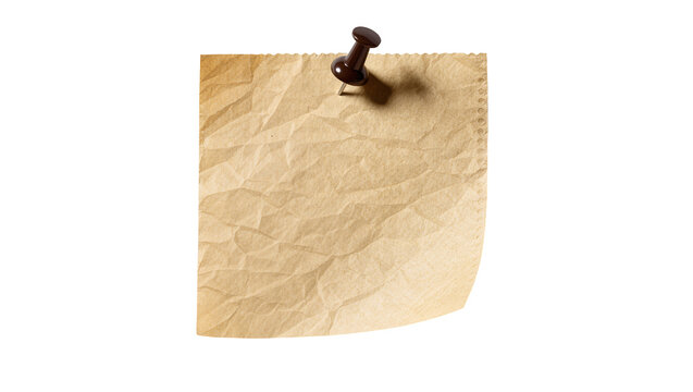 Brown crumpled paper note pinned with a dark brown thumbtack, isolated on transparent background