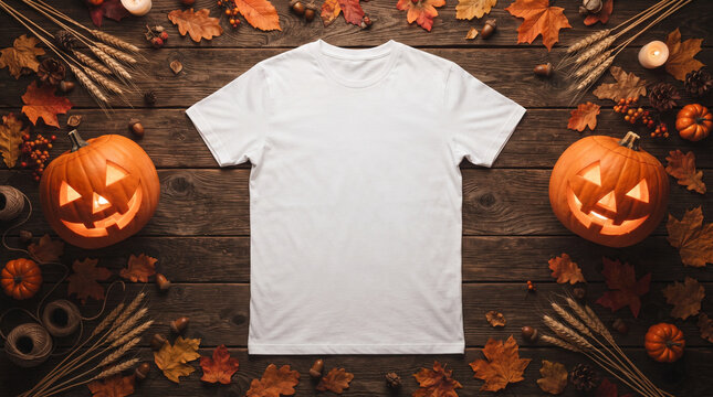 Blank white t shirt mockup surrounded by spooky halloween decorations on wood surface