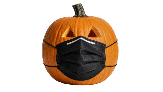Carved Halloween pumpkin wearing a black face mask, isolated on transparent background