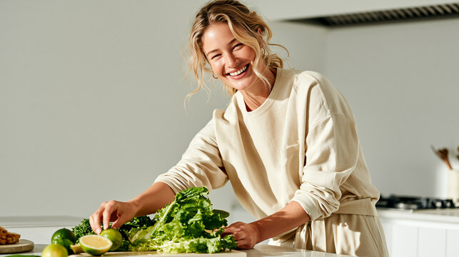 Smiling woman preparing fresh kale salad with lime in bright minimalist kitchen, healthy wellness lifestyle and natural vitality concept.