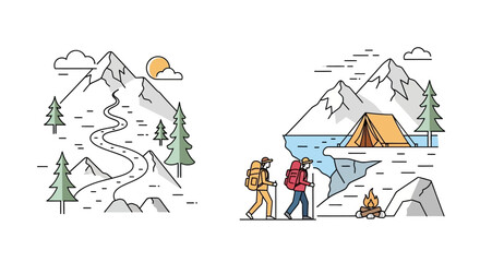 Naklejka premium Hikers walking to mountain campsite with tent illustration