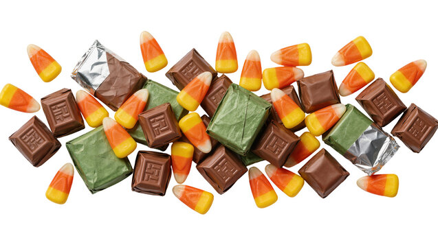 Assorted Halloween candies including chocolate squares and candy corn, isolated on transparent background