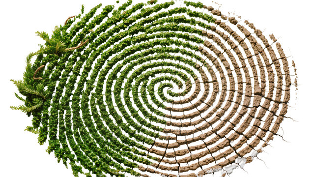 Fingerprint pattern formed by green moss and dry cracked earth, isolated on transparent background