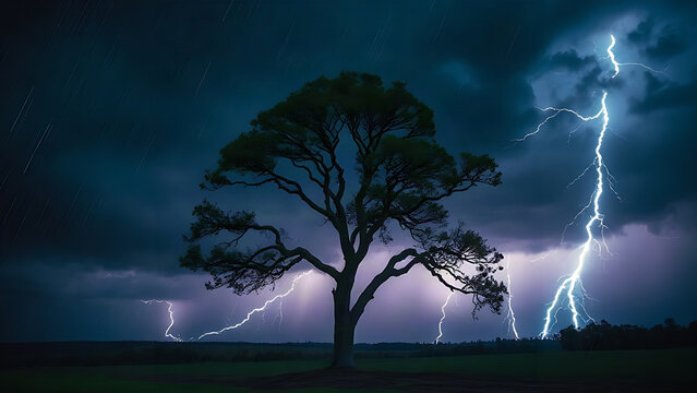 Single resilient tree standing against a storm, wind bending branches, lightning in dark sky.