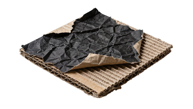 Crumbled black paper layered over corrugated cardboard, isolated on transparent background