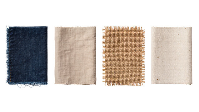 Four fabric swatches of denim linen burlap and canvas, isolated on transparent background