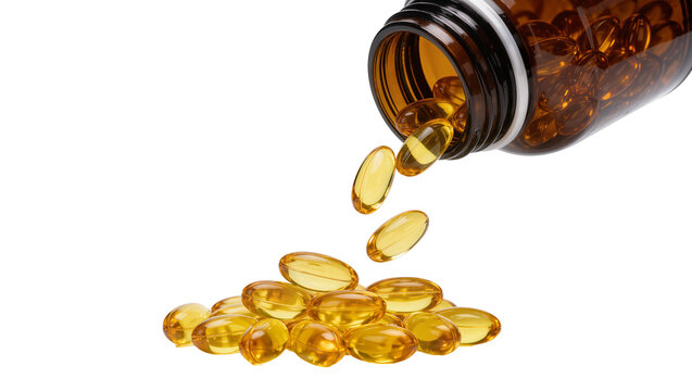Amber bottle pouring out translucent yellow oval capsules, isolated on transparent background