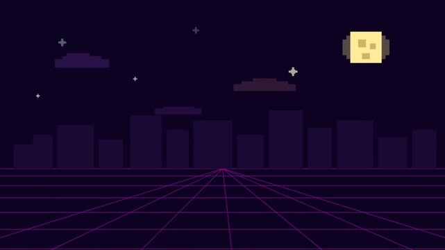 Night city neon grid horizon pixel art animation.
