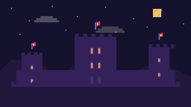 Night City Castle Pixel Art Scene At Night.