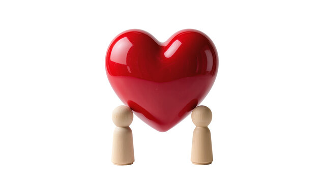 Two wooden peg figures supporting a large shiny red heart, isolated on transparent background