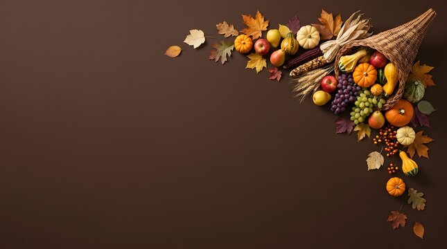 Elegant autumn cornucopia overflowing with harvest produce on a dark brown textured background