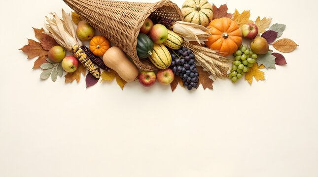 Abundant cornucopia overflowing with fresh harvest vegetables and fruits on a white background