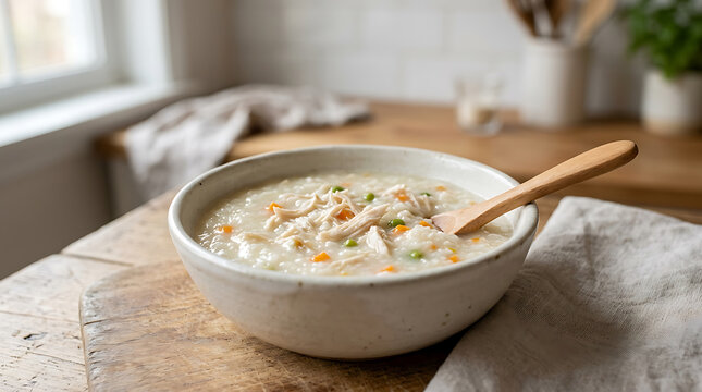 Hearty Chicken Congee in a Rustic Bowl on Wooden Table, Perfect for Comfort Food and Healthy Eating Concepts