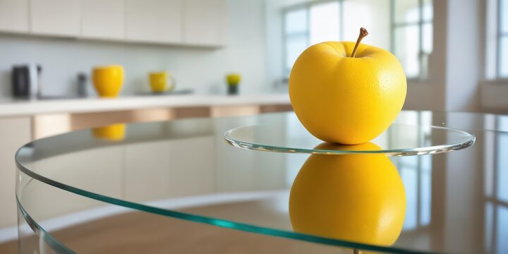 Yellow curved fruit with a slight sheen on a sleek glass surface in a contemporary kitchen setting