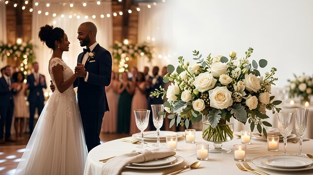 African American bride and groom sharing a first dance at a wedding reception with guests clapping in the background and a focus on an elegant table setting with white roses.