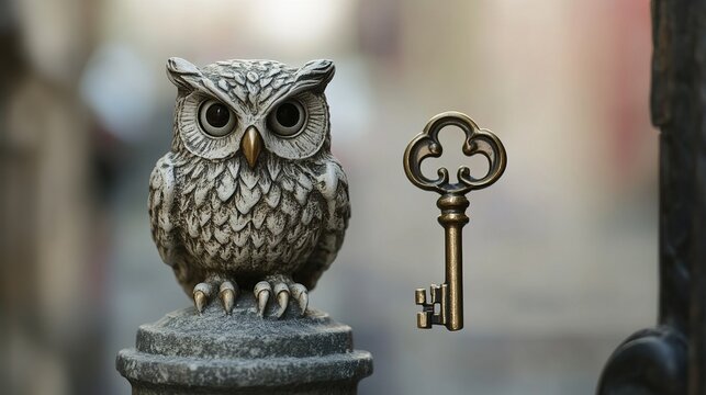 guardian. Stone owl sculpture holding a bronze key on a school gate pillar. event programs, museum guides, designed for cultural heritage projects and event programs.