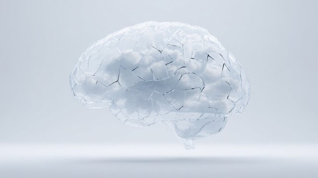 psychology. Translucent human brain model filled with storm clouds and cracked glass, floating in sterile light. STEM education sheets.