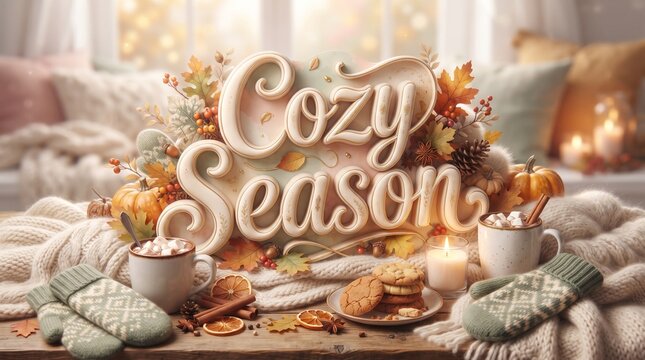 Warm autumn still life featuring cozy drinks and fall decorations