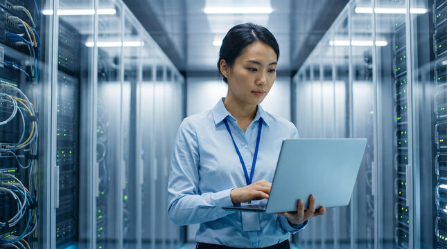 Female IT engineer working on laptop in server room, Asian database administrator managing cloud computing network infrastructure isolated on White Background