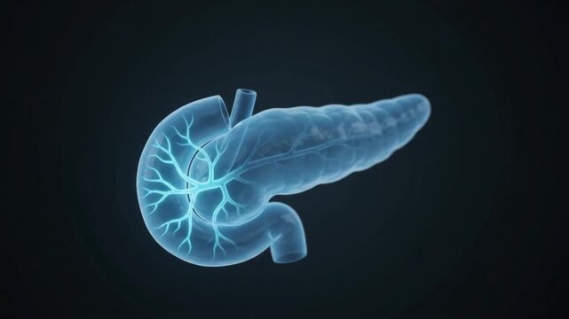 3D animation of human pancreas organ medical illustration blue glow dark background