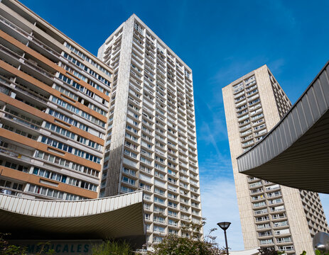 Les Olympiades residential towers rising against a blue sky in Paris, France