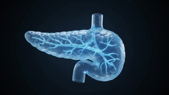 3D animation of human pancreas with glowing blue veins on dark background medical science health anatomy