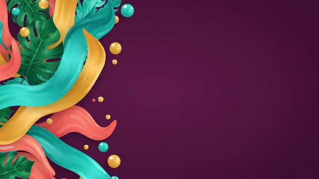 Tropical abstract motion footage showing vibrant wavy ribbons and exotic palm leaves arranged gracefully against a deep purple elegant backdrop