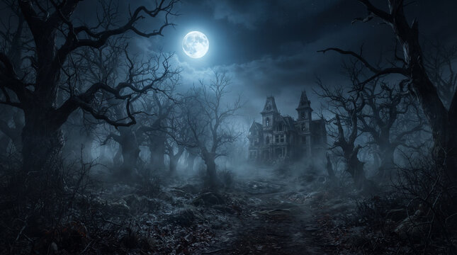 Eerie forest scene with silhouetted figures under a bright full moon