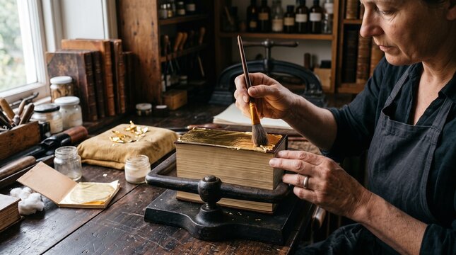 Bookbinder Applying Thin 24k Gold Leaf Foil to Burnished Book Page Edge