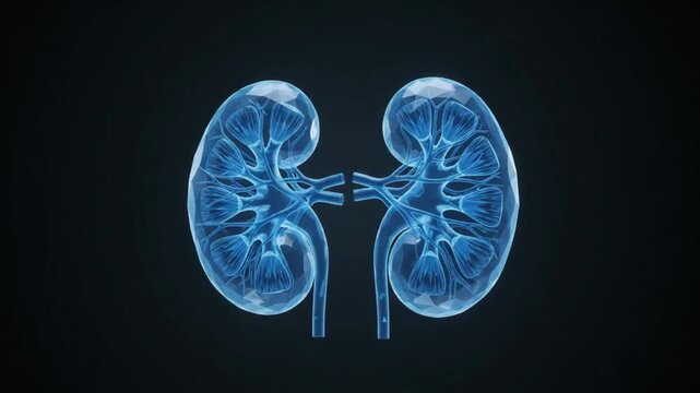 3D Animation of Transparent Blue Human Kidneys with Medical Veins and Arteries on Dark Background