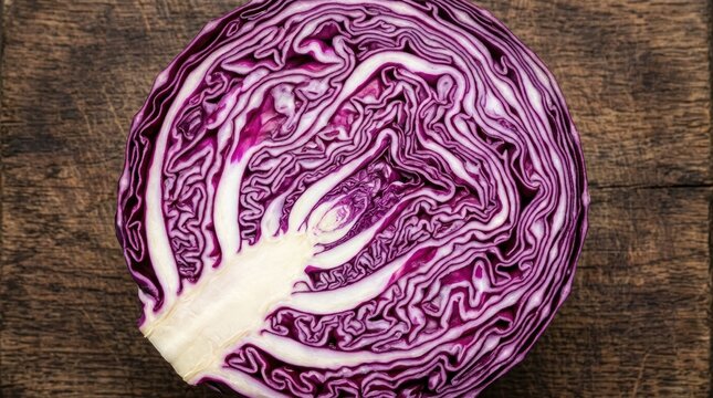 Fresh halved red cabbage on rustic wooden surface.
