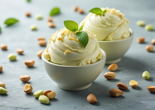 Creamy sweet pistachio ice cream with green nut bits