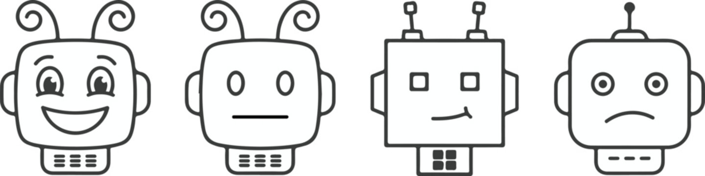 Cute robot emoji outlines set of four different facial expressions, happy, neutral, smug and sad cyborg faces in black line art style, vector illustration icons for mobile app design and web