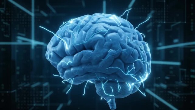 3D Digital Human Brain with Electrical Impulses Neural Network and Futuristic Sci Fi Background