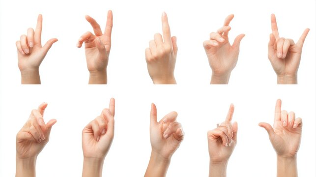 Set of woman hands showing different gestures, pointing and showing signs isolated on white background