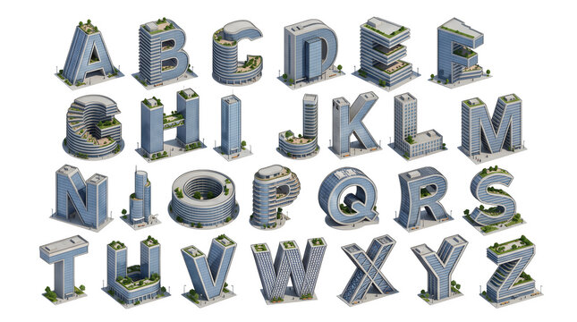 3d isometric alphabet letters shaped as modern glass office buildings isolated on transparent background