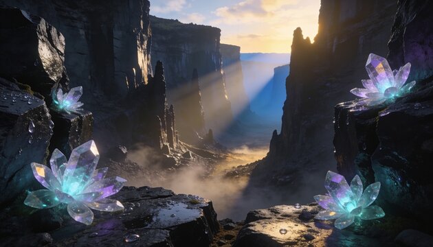 Conceptual environmental photography of a monumental obsidian canyon with luminous crystal flowers at sunrise